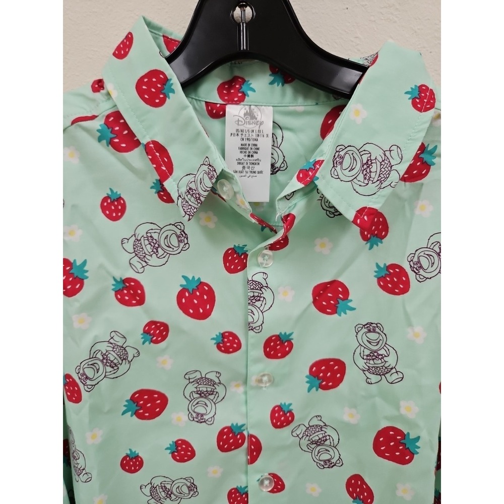 Disney Parks Pixar Toy Story Lotso Strawberries Button Down Shirt Adult Sz L NWT